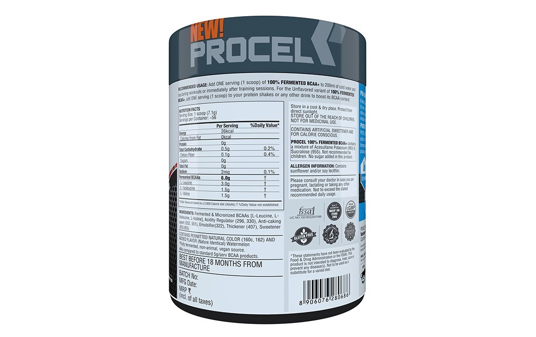 Procel 100% Fermented BCAA+ Watermelon Flavor   Plastic Jar  400 grams